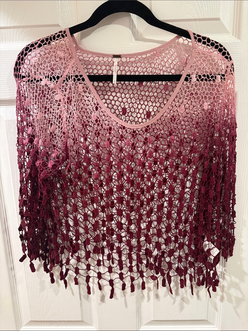 Free People Ombre Crochet Scoop Neck Sweater - Light Pink to Burgundy
